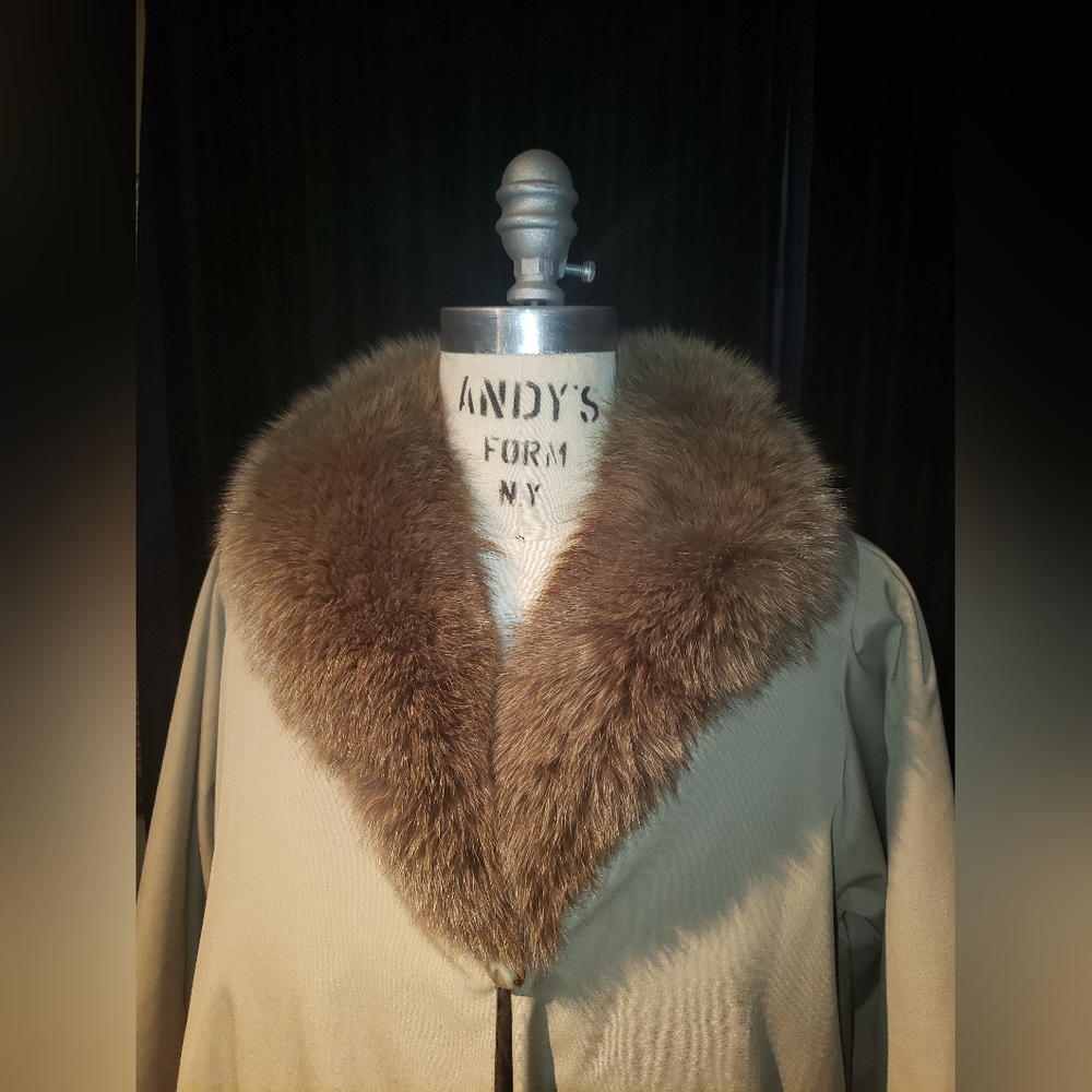 VTG Saks Fifth Avenue fox fur collar sheared fur lining nylon trench coat - Picture 2 of 16
